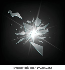 Broken glass sharp shards flying apart in light rays, realistic vector illustration isolated on black background. Shattered transparent glass pieces template.