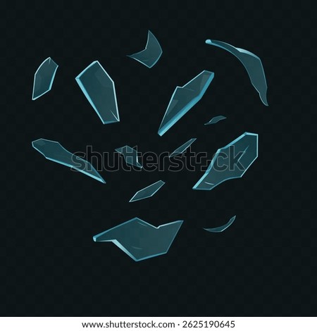 Broken glass shatter pieces, vector realistic explode mirror or window shard fragments, flying transparent sharp debris