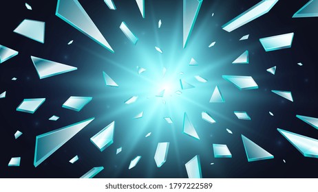 Broken glass. Shatter window background, 3d flying realistic shards. Abstract light explosion or brokenness transparent blue elements vector illustration