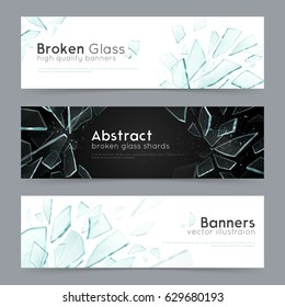 Broken glass shattered fragments on black and white background 3 abstract decorative horizontal banners set vector illustration 