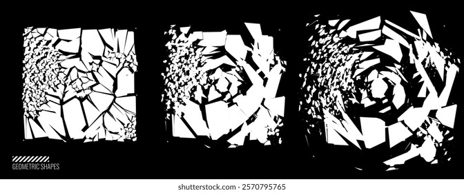 Broken Glass Squares with Cracks. Abstract Comic Book Flash Explosion Blast Radial Lines. Shattered, Fractured and Broken Geometric Circles. Damaged Texture. Vector Illustration.