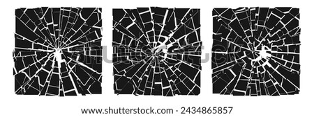 Broken Glass Squares with Cracks. Abstract Comic Book Flash Explosion Blast Radial Lines. Shattered, Fractured and Broken Texture. Bullet Shot Effect VFX. Vector Illustration.