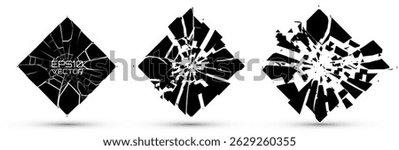 Broken Glass Squares with Cracks. Abstract Comic Book Flash Explosion Blast Radial Lines. Shattered, Fractured and Broken Texture. Bullet Shot Effect VFX. Vector Illustration.
