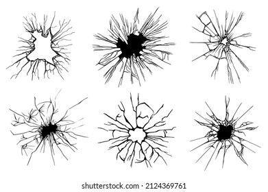 Broken glass stamp set isolated elements. Bundle of cracked mirror effect, crushed glass with bullet hole, broken surface with cracks, grunge texture. Vector illustration in flat cartoon design.