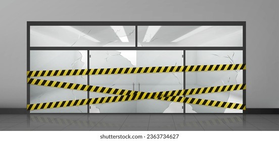 Broken glass store front door and window vector. Office or shop entrance with warning yellow crime ribbon mockup. Abandoned empty showroom exterior. Retail storefront with police strip sign design