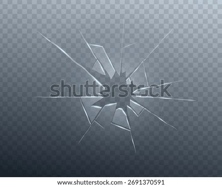 Broken glass surface with crack lines and transparent shatter texture. Realistic bullet impact and debris fragments. Ideal for crime, destruction, or repair-themed vector design.