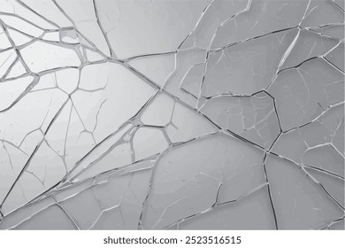 Broken glass texture, vector illustration. Shattered and cracked surface with jagged edges, scattered pieces, and realistic damage.