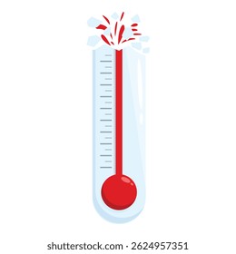 Termômetro de vidro quebrado indica temperatura extremamente quente, mercúrio vermelho explodindo do topo