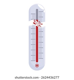 Termômetro de vidro quebrado com indicador vermelho mostrando temperatura extremamente alta