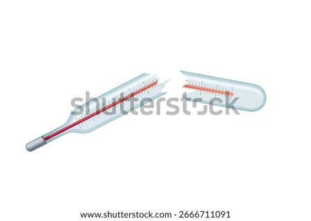 Broken glass thermometer in two pieces. Red mercury column visible inside clear tubes with measurement scales. Hazardous medical waste concept. Safety warning illustration. Vector illustration.
