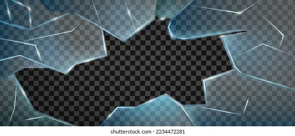 Broken glass vector screen, crack windshield background, burglary smashed window damage concept. Sharp realistic fragment illustration transparent banner. Broken glass texture frame, crushed hole