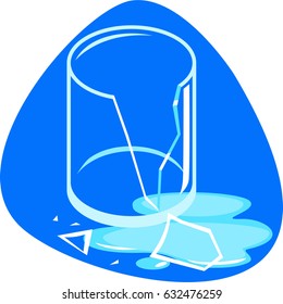 Broken glass in water puddle. Isolated. On blue background.