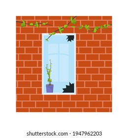 Broken glass of the window. Damaged, broken or cracked. Sharp shards. Building facade, brick wall. Abandoned house. Vector