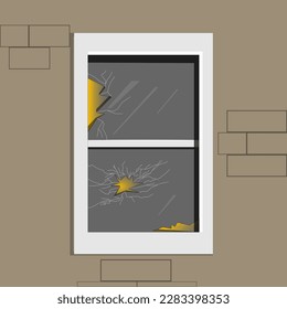 broken glass window glass vector. A building with a view from the side showing one of the broken glass due to an incident and visible light from inside the room