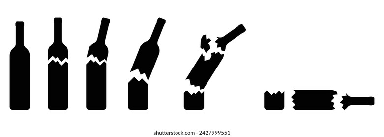 Broken glass wine bottle vector illustration. Bottle cracked into two halves. Glass trash. Garbage recycle concept. Icon set.