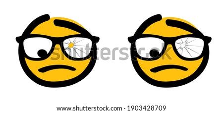 Broken glasses. Gracked eye glasses. Flat vector cracked glass sign. Emoticon smile icons. Cartoon emoji set. Vector emoticons set. Not happy smiley face.