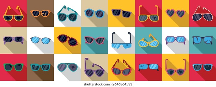  Broken glasses icons set. Colorful set of broken sunglasses with cracks and scratches, representing various damage types and fashionable frame designs
