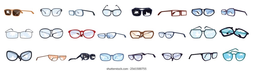 Broken glasses icons set. Different eyeglasses reflecting cloudy sky, showcasing various styles and designs