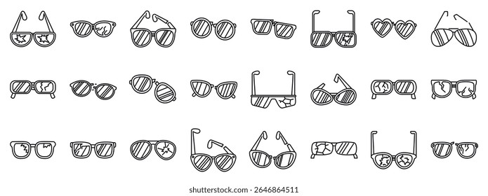  Conjunto de ícones de óculos quebrados. Explorando diversos designs de óculos de sol quebrados, apresentando rachaduras, lentes quebradas e quadros destacados, enfatizando diversos tipos de danos