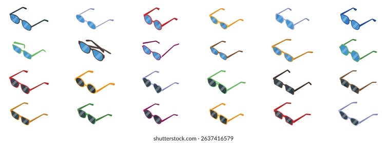 Broken glasses icons set. Sunglasses collection with various frame colors and shapes providing uv protection during sunny days