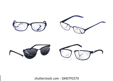 Broken glasses on white background, modern illustration set. Shards of diopter glasses, broken frame of sunglasses. Replacing old with new glasses.