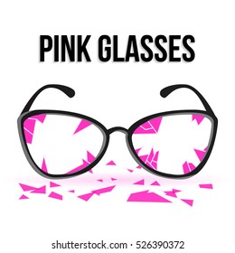 Broken Glasses. Ruined Into Small Sharp Pieces. Concept For Your Design. Pink Glasses With Black Frames Isolated On White Background. Place For Text. Vector Illustration