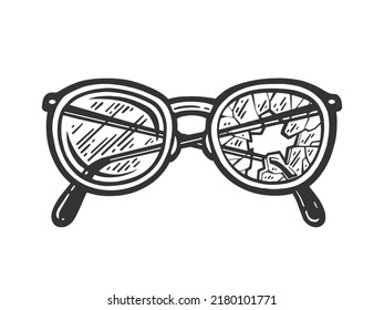 broken glasses sketch engraving vector illustration. T-shirt apparel print design. Scratch board imitation. Black and white hand drawn image.