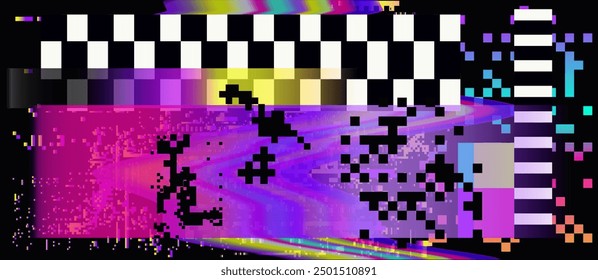 Broken glitched screen with colorful random neon pixel and flickers. Webcore style aesthetics of early 00s internet art.