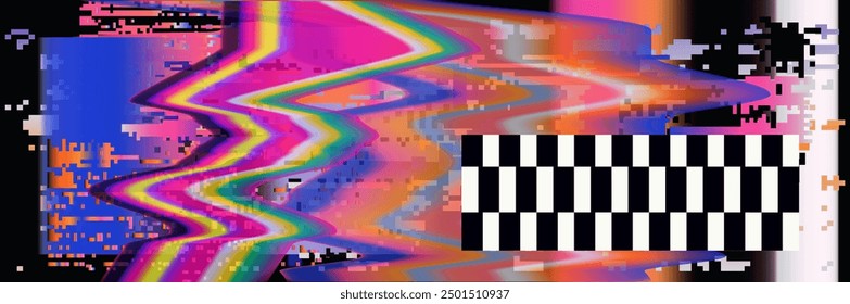 Broken glitched screen with colorful random neon pixel and flickers. Webcore style aesthetics.