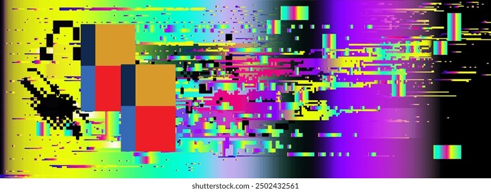 Broken glitched screen with colorful random neon pixel noise and flickers. Webcore style aesthetics.