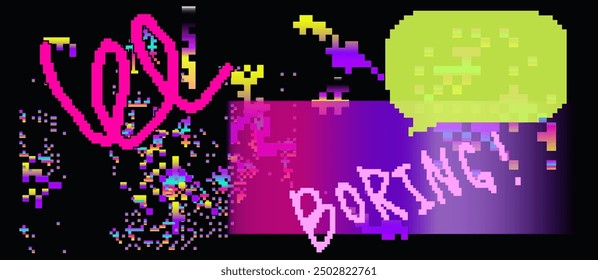 Broken glitched screen with colorful random neon pixel noise and flickers. Webcore style aesthetics.