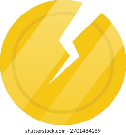 Ilustración plana de moneda de oro rota. Elemento de diseño de icono limpio sobre fondo blanco aislado