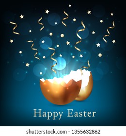 Broken golden easter egg with light and confetti on a dark blue background. Bokeh light and glare from a cracked golden shell. Happy easter concept. Vector, space for text