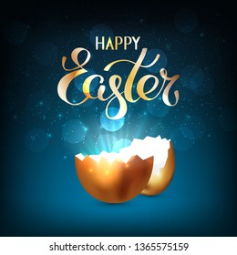 Broken golden easter egg with rays of light on a dark blue background. Bokeh light and glare from a cracked golden shell. Happy easter concept. Vector, space for text