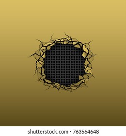 Broken golden metal background. Texture with hole, cracks and broken pieces