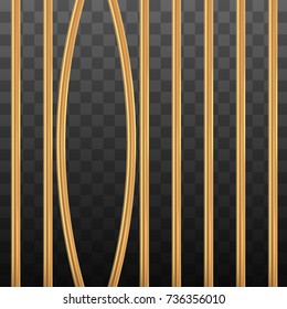 Broken golden prison bars on black transparent. Vector illustration. Way out to freedom from gold cage concept