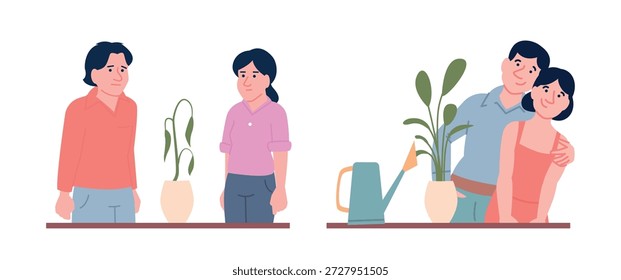 Relaciones rotas y buenas en parejas. Pareja joven con planta seca y segunda con flor verde. Amor romántico que cuida la metáfora plana del Vector