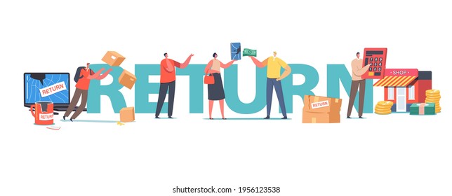 Broken Goods Return Concept. Characters Return Damaged Things to Shop, Cracked Laptop, Cup and Smartphone, Courier Drop Parcel on Ground Poster, Banner or Flyer. Cartoon People Vector Illustration