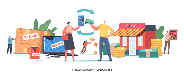 Broken Goods Return and Exchange Concept. Characters Dissatisfied with Damaged Things Delivery, Cracked Laptop, Cup and Smartphone, Courier Drop Parcel on Ground. Cartoon People Vector Illustration