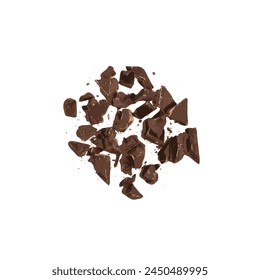 Broken Grated Chocolate Isolated, Broken Crushed Chocolate Shavings, Crumbs for Desserts Decoration on White Background Top View