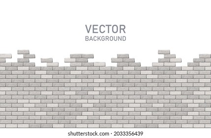 Broken gray brick wall on a white background with copy space for any text, horizontal view. Vector illustration of destroyed brick wall