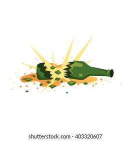 Broken green bottle of beer. Colorful vector illustration in flat style isolated on white background