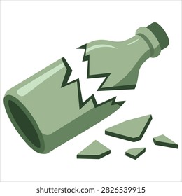 Broken green bottle glass with sharp edges and glass shards flat graphic