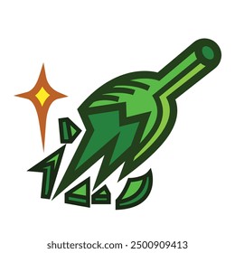 Broken green glass bottle colorful icon illustration isolated on square white background. Simple flat outlined cartoon art styled drawing.