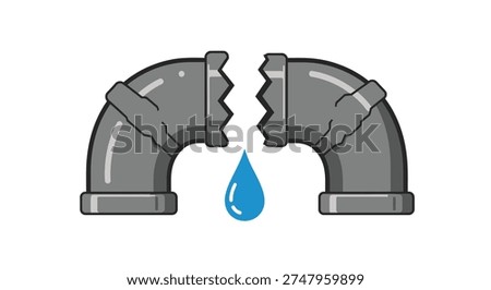 Broken grey pipe with a blue water drop falling white background leak