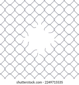 Broken grid fence. Ripped metal netting enclosures, break chain link net jail, cut hole in mesh fencing curved wire bars freedom border prison steel cage, neat vector illustration