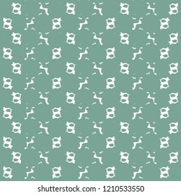 Broken grid pattern with a plus of abstract shapes like the eight figure. Textile print in white and green. Tile. Vector illustration.