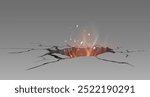 Broken ground or wall concrete surface with hole, cracks and volcanic glow from behind it with smoke and sparkles. Realistic 3d vector illustration of floor or land fracture with fire light effect.