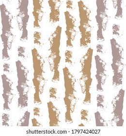 Broken up grunge stripes seamless vector pattern background. Coarse painterly brush stroke vertical alternating striped purple, gold, white backdrop. Linear geometric rough texture all over print