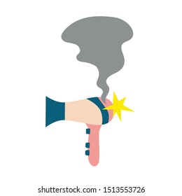 Broken hair dryer. Flash and smoke.Vector image on white background